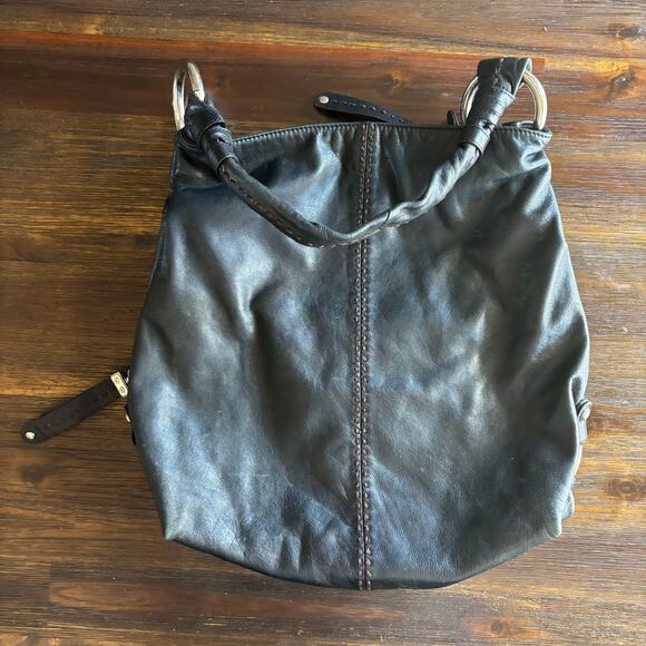 B. MAKOWSKY | Black Leather Hobo Bag Brown Stitch Silver Hardware - Picture 1 of 8